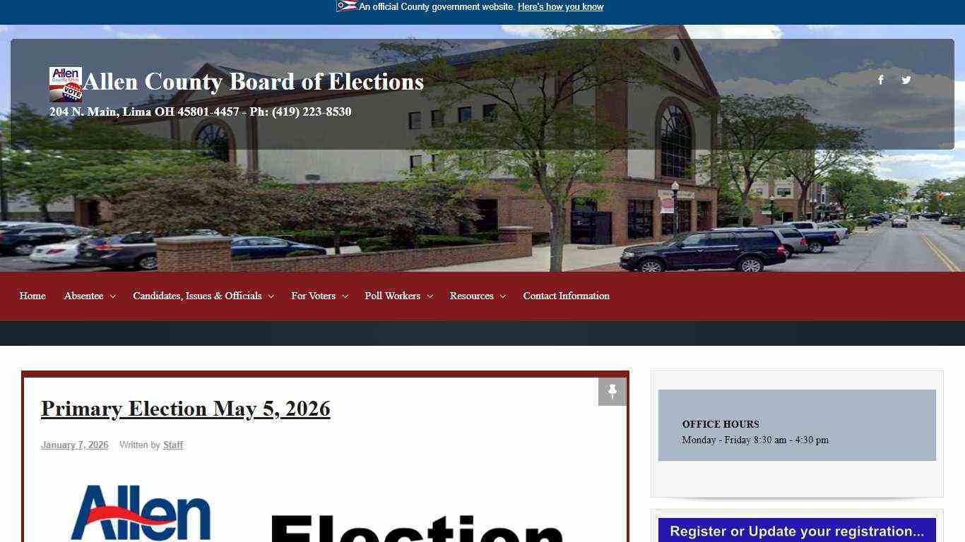 Allen County Board of Elections – 204 N. Main, Lima OH 45801-4457 – Ph: (419) 223-8530